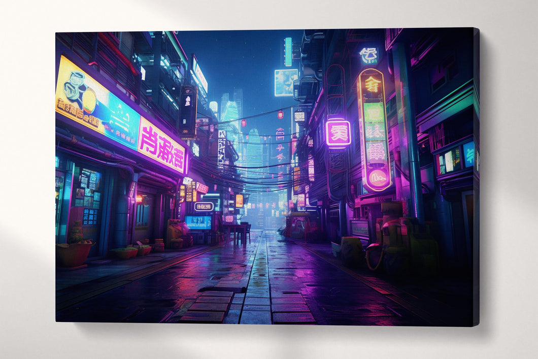 Urban Neon: A Cyberpunk Metropolis Canvas Wall Art Eco Leather Print 3 Pieces