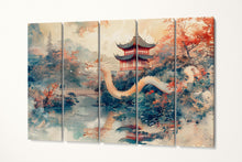 Charger l&#39;image dans la galerie, Majestic Dragon in Chinese Pagoda Landscape Wall Art Home Decor Eco Leather Print 5 Panels