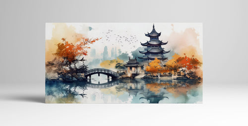 Whispers of Autumn at the Lake Pagoda - A Japanese Reverie Wall Art Home Decor Framed Canvas Eco Leather Print