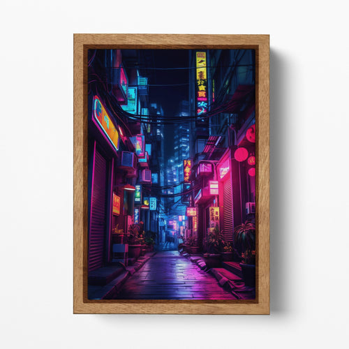 Cyberpunk Neon Cityscape Canvas Wall Art - Futuristic Urban Night Scene | Sci-Fi Aesthetic Gallery Wrap Eco Leather Print Wood Frame