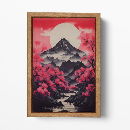 Japanese Mountain Framed Canvas Wall Art | Sakura and Mount Fuji Print | Zen Decor for Home Eco Leather Print Wood Frame