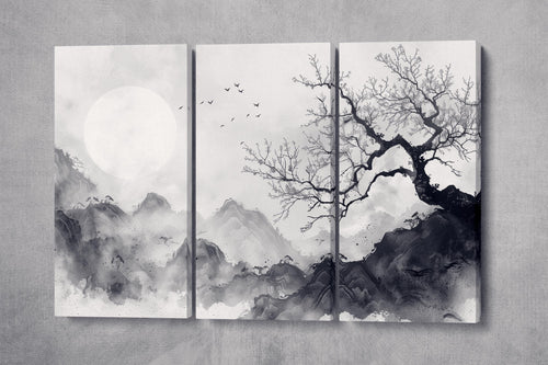 Black and White Ink Art | Traditional Chinese Lunar Landscape | Ink Painting Wall Art Large Wall Decor Eco Leather Print 3 Panels