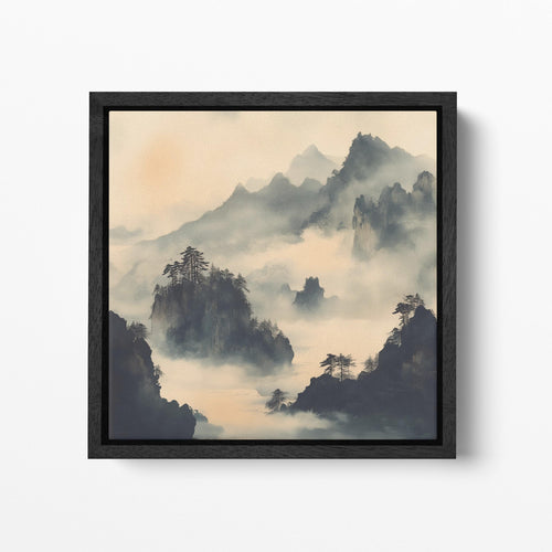 Misty Mountain Range with Trees - Eco Leather Wall Canvas Print Black Frame