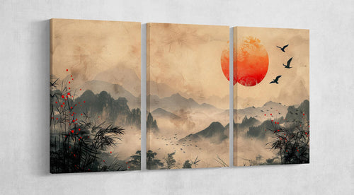 Radiant Horizon Mountain Sunrise Asian Wall Art Home Decor Framed Canvas Print 3 Panels