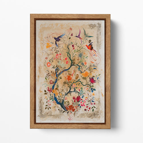 Floral Symphony with Birds - Eco Leather Canvas Wall Art Print Wood Frame