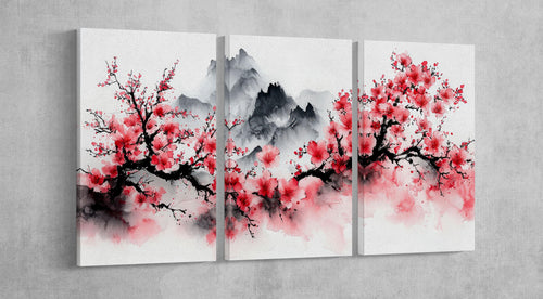 Blush of Spring: Cherry Blossoms Amidst Misty Peaks Wall Art Home Decor Framed Canvas Print 3 Panels