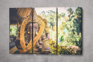 Golden Blessings of Ganesha: A Sacred Journey in Art Wall Decor Eco Leather Print 3 Panels