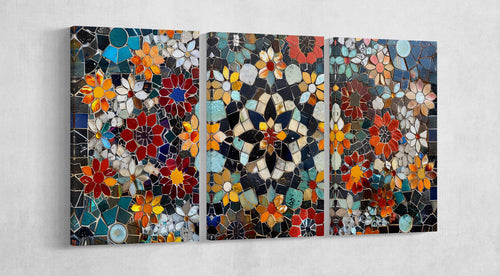 Blooming Mosaic: Symphony of Colors Wall Art Home Decor Framed Canvas Eco Leather Print 3 Panels