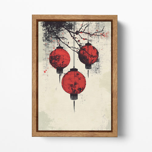 Lanterns of Tradition: A Modern Asian-Inspired Eco Leather Canvas Wall Art Print Wood Frame