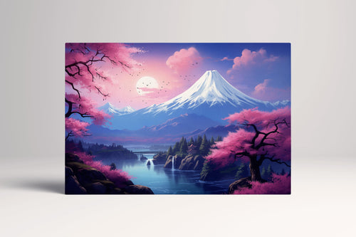 Majestic Sakura Under the Snow-Capped Mountain: A Breathtaking Sunset Landscape Canvas Home Art Wall Decor Eco Leather Print