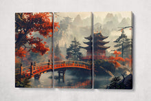 Load image into Gallery viewer, Autumn Reverie at the Red Pagoda: An Enchanting Bridge Over Still Waters Canvas Home Art Wall Decor Eco Leather Print 3 Panels