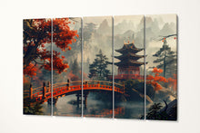 Load image into Gallery viewer, Autumn Reverie at the Red Pagoda: An Enchanting Bridge Over Still Waters Canvas Home Art Wall Decor Eco Leather Print 5 Panels