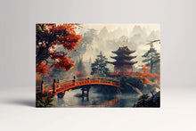 Load image into Gallery viewer, Autumn Reverie at the Red Pagoda: An Enchanting Bridge Over Still Waters Canvas Home Art Wall Decor Eco Leather Print