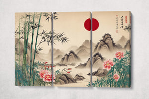 Bamboo Peaks - Chinese Art Inspired Wall Decor Eco Leather Print 3 Panels