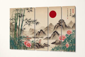 Bamboo Peaks - Chinese Art Inspired Wall Decor Eco Leather Print 5 Panels