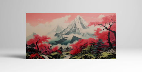 Majestic Pink Landscape: Mountain and Cherry Blossom Forest