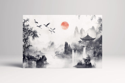 Cranes in Flight: Chinese Black and White Ink Landscape Wall Decor Eco Leather Print