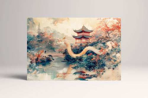 Majestic Dragon in Chinese Pagoda Landscape Wall Art Home Decor Eco Leather Print