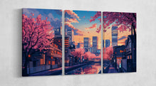 Load image into Gallery viewer, Cherry Blossom Cityscape Japanese Anime Canvas Wall Art Print on Eco Leather Framed Canvas Print 3 Panels