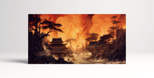 Flames of Eternity Japanese Temple Under Fiery Skies Framed Art Print Wall Decor on Eco Leather Canvas