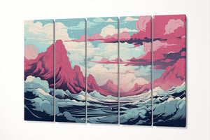 Abstract Cloudscape Pastel Mountain Japan Art Scene Eco Leather Wall Art Canvas Print 5 Panels