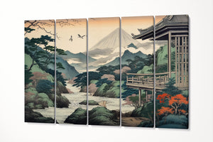 Majestic Japanese Nature in Ukiyo-e Style Japanese Nature Eco Leather Wall Art Canvas Print 5 Panels