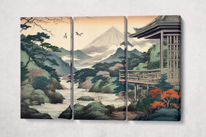 Majestic Japanese Nature in Ukiyo-e Style Japanese Nature Eco Leather Wall Art Canvas Print 3 Panels