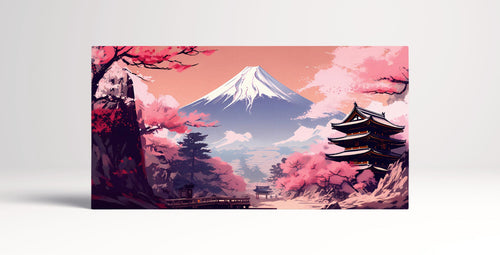 Majestic Mount Fuji Art Illustration in Pink Eco Leather Canvas Wall Decor Print