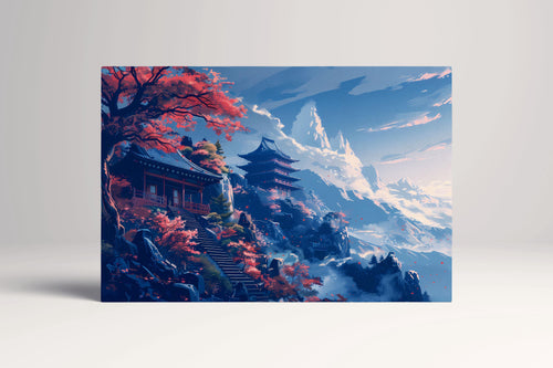 Harmony of Autumn Mountains: Japanese Temple Canvas Wall Decor Eco Leather Print