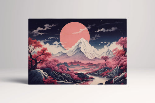 Dramatic Pink Moonrise Over Sakura Peaks Japanese Mountain Canvas Print Canvas Home Art Wall Decor Eco Leather Print