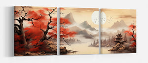 Autumnal Gradation in Japanese Landscape Wall Art Framed Canvas Eco Leather Print 3 Panels