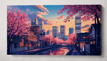 Charger l&#39;image dans la galerie, Cherry Blossom Cityscape Japanese Anime Canvas Wall Art Print on Eco Leather Framed Canvas Print Single