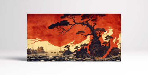 Fiery Japanese Landscape Framed Art Print Wall Decor on Eco Leather Canvas