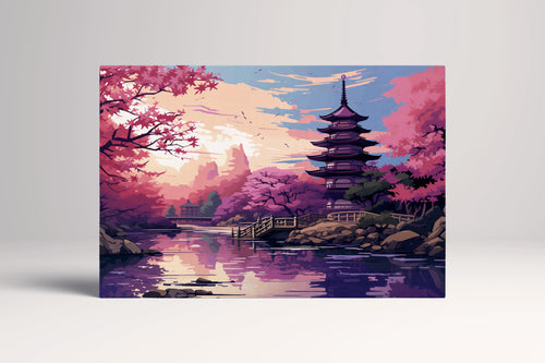 Cherry Blossom Sunset Japanese Pagoda Eco Leather Wall Art Canvas Print