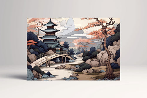 Japanese Temple by the Enchanted River in Soft Tones Canvas Home Art Wall Decor Eco Leather Print