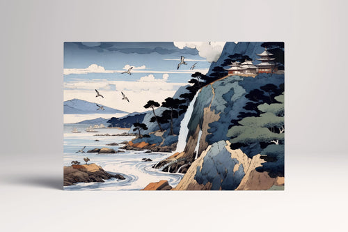 Japanese Coastal Serenity: Waterfalls and Waves Canvas Home Art Wall Decor Eco Leather Print