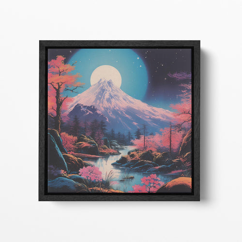 Moonlit Majesty Japanese Mountainscape Wall Art Canvas Eco Leather Print Black Frame