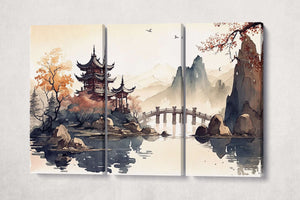 Oriental lake pagoda mountains landscape ink canvas wall decor art