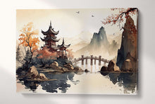 Charger l&#39;image dans la galerie, Oriental lake pagoda mountains landscape ink canvas wall art decor print