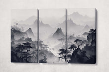 Laden Sie das Bild in den Galerie-Viewer, Oriental Black and White Mountains Artwork Wall Art Framed Canvas 3 Panels Print