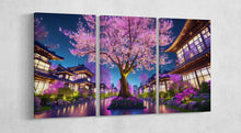 Laden Sie das Bild in den Galerie-Viewer, Cherry Tree Houses At Night Anime Japan 3 panels print